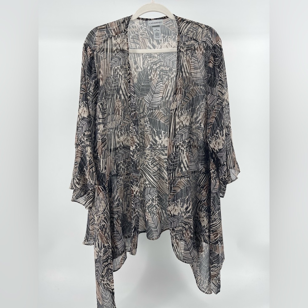 Catherines Leaf Print Bell Sleeve Open Front Kimono Topper, Women's 2X